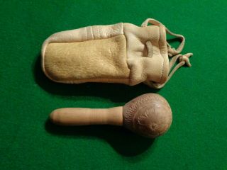 Old Native American Baby Rattle Hand Carved With Buck Skin Leather Pouch