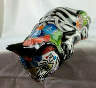 8 " Cat Figurine Hangs Over Edge Mexican Talavera Pottery Ceramic Day Of The Dead