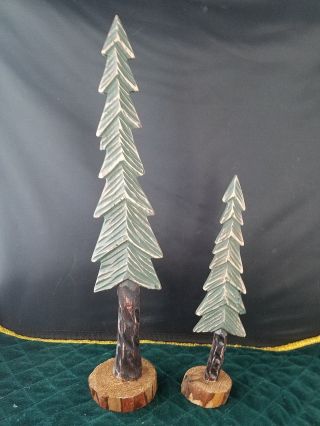 Two Miniature Wood Tree Trees Christmas Decoration 12 " H 7.  5 " H