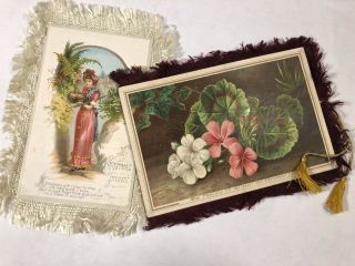 2 Vintage Victorian Silk Fringe Holiday Cards,  2x Sided,  Christmas And Year