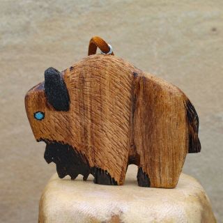 Zuni Folk Art - Buffalo Hand Carved Wood Ornament By Alan Lewis - Native American