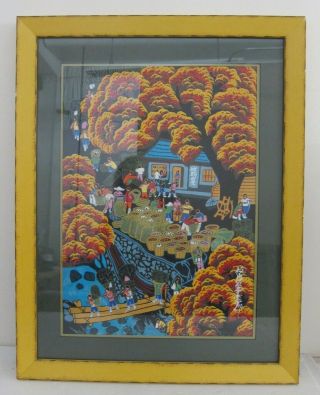 Mid Century Vtg Chinese Village Farm Mixed Pigment Painting Signed Framed 22x28