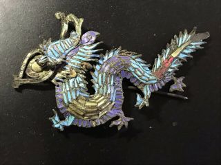 Antique Chinese Qing Dynasty Kingfisher Feather Dragon Silver Brooch Ornament