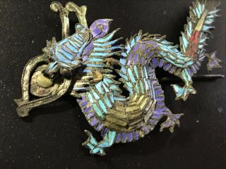 Antique Chinese Qing Dynasty Kingfisher Feather Dragon Silver Brooch Ornament 2