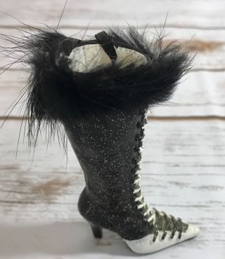 Black Glittery High Heeled Lace Up Boots W/feathers Christmas Ornament
