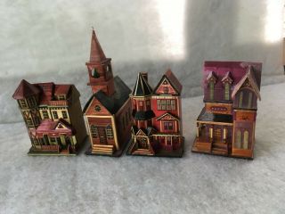 4 Vintage Victorian Miniature Buildings 3 Houses 1 Church Wheat Straw Secret Box