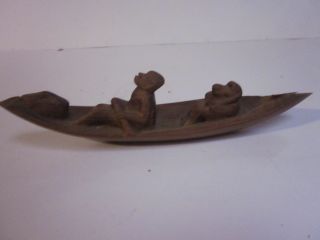 Vintage African Tribal Wood Carved Man & Baboon In Canoe Statue