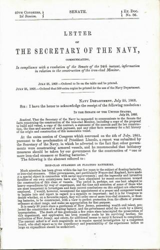 Civil War Iron Clad Ships Monitor Merrimac 1868 Navy Department Report Ericsson
