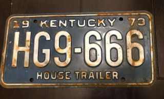 Kentucky House Trailer License Plate 1973 Hg9 666
