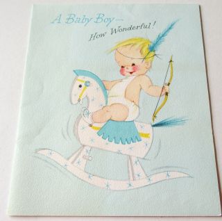 Vtg Baby Card Cute Baby Boy On Rocking Horse W Feather And Bow