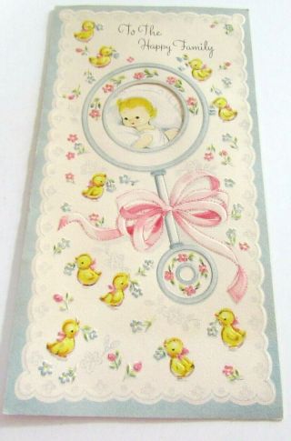 Vtg Baby Card Cut Out Rattle To Baby Pink Bow Little Yellow Chicks
