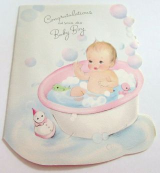 Vtg Baby Card Baby In Bubble Bath W Pink Rubber Duck Green Fish