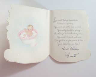 Vtg Baby Card Baby in Bubble Bath w Pink Rubber Duck Green Fish 2