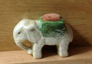 Vintage Porcelain Elephant Figure Pin Cushion Made In Japan Trunk Down