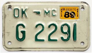 Vintage Oklahoma 1989 Motorcycle License Plate,  G 2291