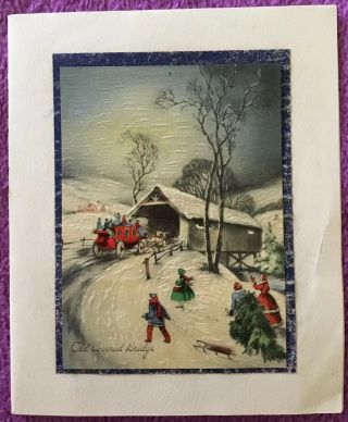 Vintage Mcm Christmas Covered Bridge Horse And Carriage Greeting Card