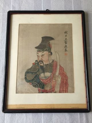 Antique Framed Chinese Qing Dynasty Watercolor Painting Warrior Portrait On Silk
