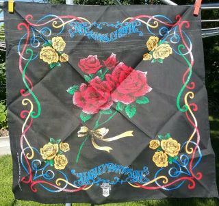 Vintage Harley Davidson Bandanna With Roses On Black Background
