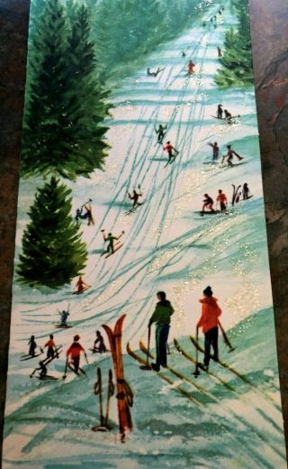 People Family Skiing Down Mountain Crash Glitter Teal Run Christmas Vtg Card