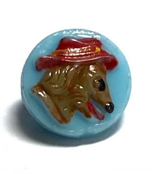 Vintage Kiddie Button - Hand Painted Dog With Hat - Blue Glass