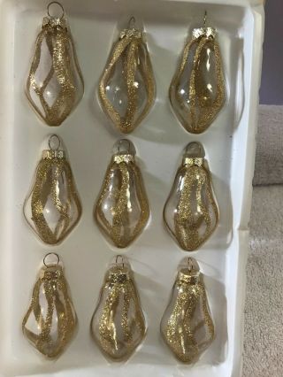 Vintage Christmas Ornaments Set Of 9 Clear Glass Pear Shaped Gold Glitter Max151