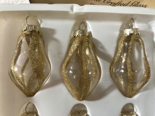 Vintage Christmas ornaments set of 9 clear glass pear shaped gold glitter MAX151 2
