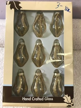 Vintage Christmas ornaments set of 9 clear glass pear shaped gold glitter MAX151 5