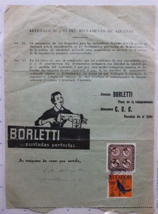 Ecuador Sewing Machine Borletti Ad Dispatch Intl Postal Parcel 1959 Form 38 644