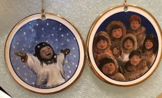 2 C.  Alan Johnson Eskimo Children Ceramic Ornaments - 1985 Alaska Classics