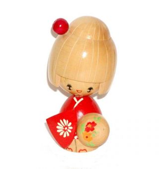 Japanese Wood Kokeshi Doll Cute Girl W/pretty Flowered Umbrella & Red Kanzashi