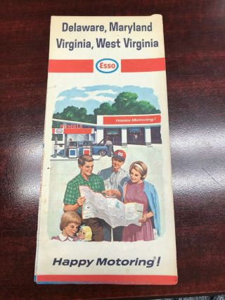 Esso Oil Vintage Road Map Us Delaware,  Maryland Virginia,  West Virginia 1965