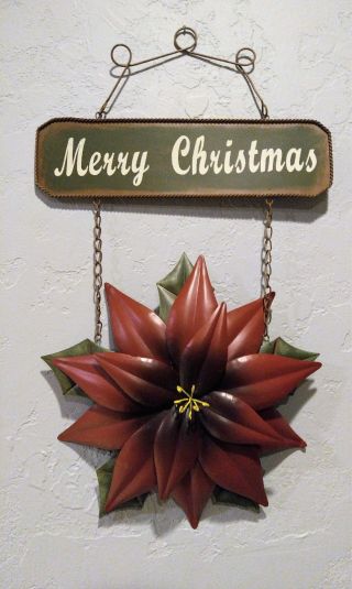 Poinsettia Merry Christmas 22 " Hanging Metal Holiday Sign Decoration