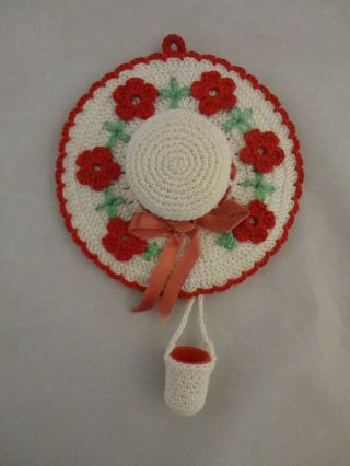 Vintage Hand Crocheted Red & White Hat Pincushion W/thimble (523)