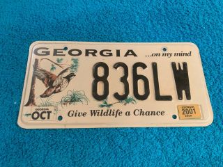 Georgia License Plate Vehicle Tag Ga Give Wildlife A Chance Quail Oct 2001 836lw