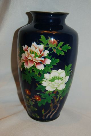 Vintage Japanese Asian Cloisonne Enamel Peony Vase Navy Blue Floral Estate 8 "