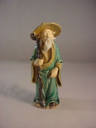 Vintage Chinese Green Robed Mud Man Figurine W/staff