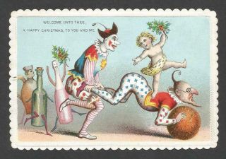 Y67 - Clowns,  Baby,  Pud And Anthropomorphic Bottles - Weird Victorian Xmas Card