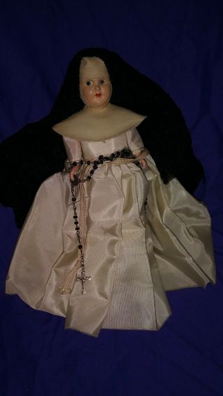Vintage Nun Doll W/rosery Painted Face White Bride Of Christ Gown Black Habit