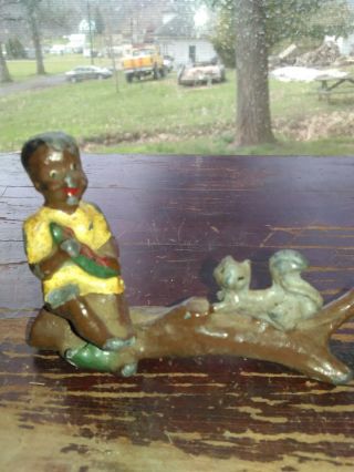 Antique Black Americana/little Girl On Log W/squirrel