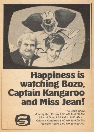 1970 Whdh Tv Ad Bozo The Clown Show Romper Room Miss Jean Harrington Full Page