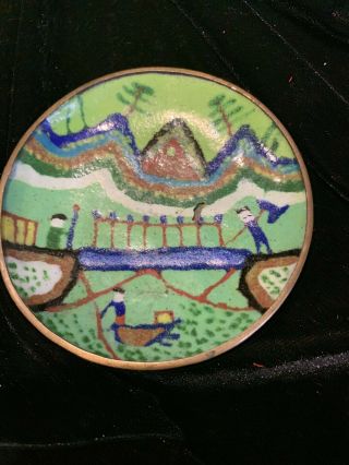 Chinese Copper And Green Enamel Tinker Dish,  Hand Painted With A Bridge,  3 - 3/4”