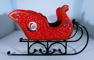 Wooden Christmas Sleigh Red With Metal Snow Runners 11 "