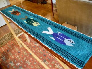 Hand Loomed Woven Mexican Wall Hanging Fish Table Runner Blues 10 X 48 " Folk Art