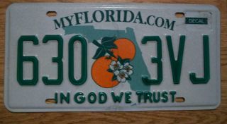 Single Florida License Plate - 630 3vj - In God We Trust