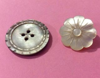 2 Carved Pattern &flower Design Mother Of Pearl Old/antique Buttons.  Metal Shank