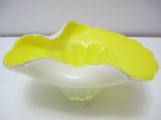 Vintage Hand Blown Glass Bowl Made In Japan Cased Yellow White Clear Folded Edge