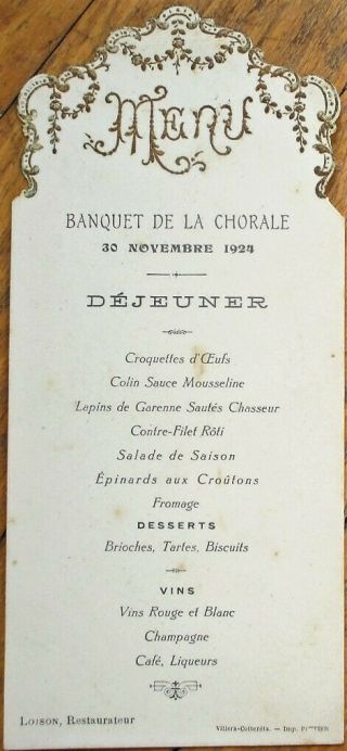 Banquet De La Chorale 1924 French Menu W/gold - Embossed,  Diecut Edge