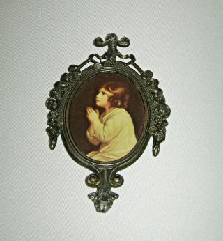 Vintage Portrait Of A Young Girl Praying Picture Plaque Ornate Metal Frame Italy
