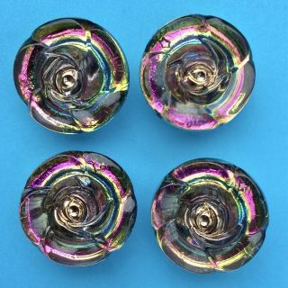 4 X 18mm Vintage Mirror Back Glass Buttons With Carnival Lustre,  Realistic Roses