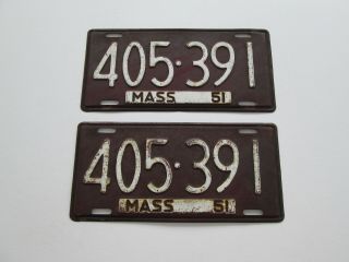 Rare 1951 Massachusetts Ma Mass License Plates Pair Set 405 - 391
